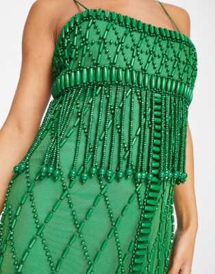 ASOS DESIGN embellished midi dress with fringe detail and wooden beads in  green