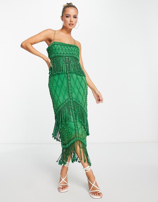 ASOS DESIGN embellished midi dress with fringe detail and wooden beads in  green