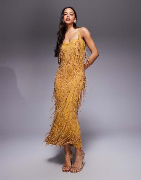 ASOS DESIGN embellished midi dress with sheer lace lining in mustard