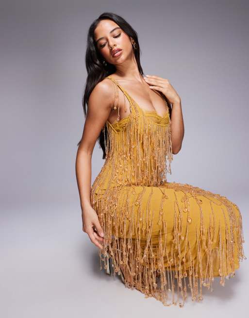 ASOS DESIGN embellished midi dress with sheer lace lining in mustard