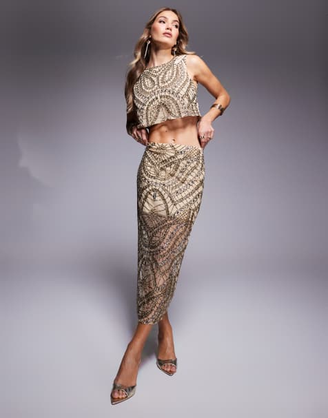 ASOS DESIGN embellished midi skirt co-ord in gold - view 1
