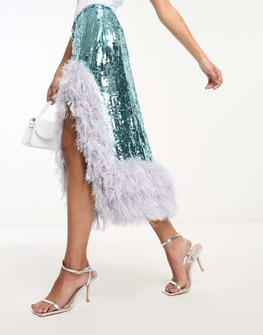 ASOS DESIGN embellished midi skirt with split and faux feather hem in blue and lilac