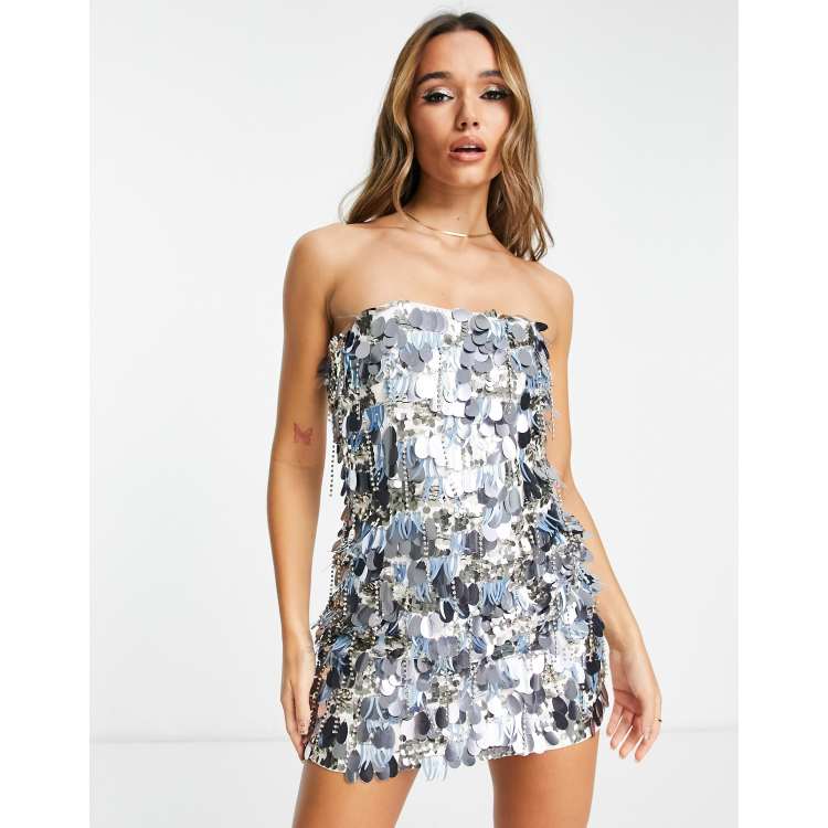 ASOS DESIGN embellished mini bandeau dress with diamante and disc sequin  detail in silver | ASOS