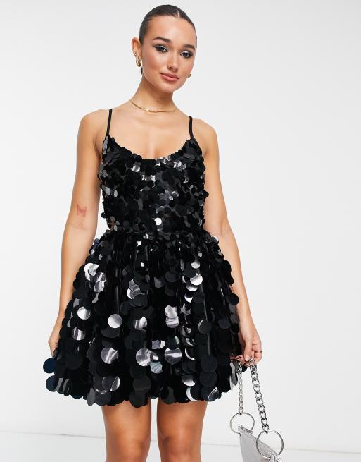 ASOS DESIGN embellished mini corset prom with oversized disc sequin in black ASOS