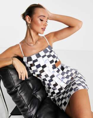 Asos Design Embellished Mini Dress In Square Mono Sequin-white In White