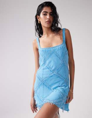 ASOS DESIGN embellished mini dress with cross detail drip beading in turquoise