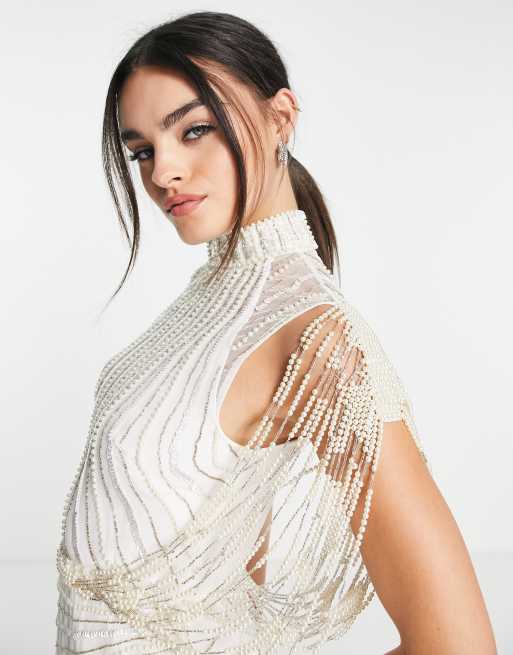 sachin and babi light blue dress ASOS DESIGN embellished mini dress with drape pearl sleeves