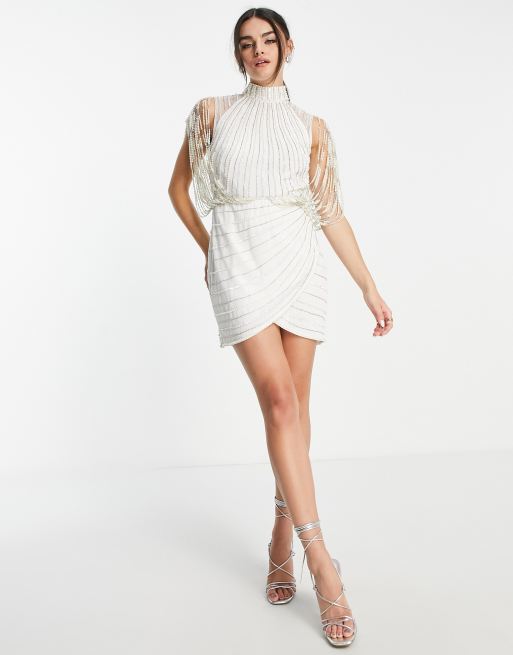 asos design structured mini dress with pearl embellishment ASOS DESIGN structured mini dress with 3D beading in cream