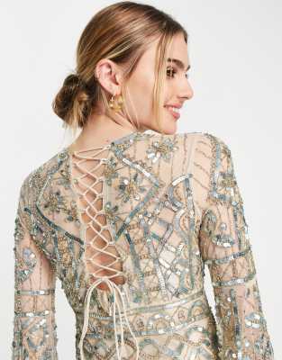 ASOS DESIGN embellished mini dress with flared sleeve and tie back