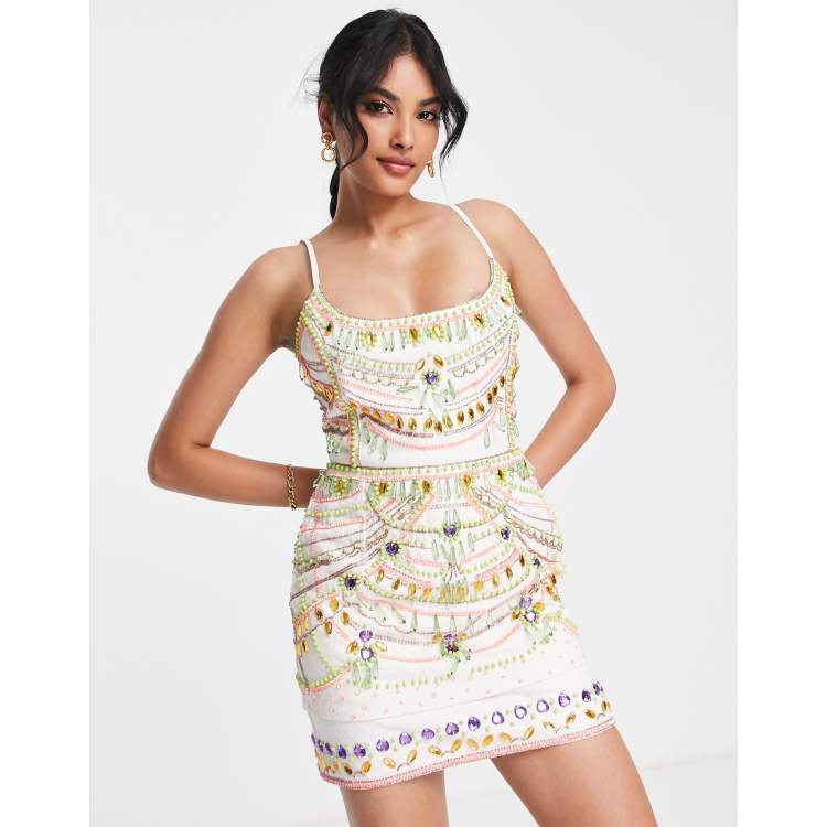 ASOS DESIGN embellished floral applique satin mini dress in yellow