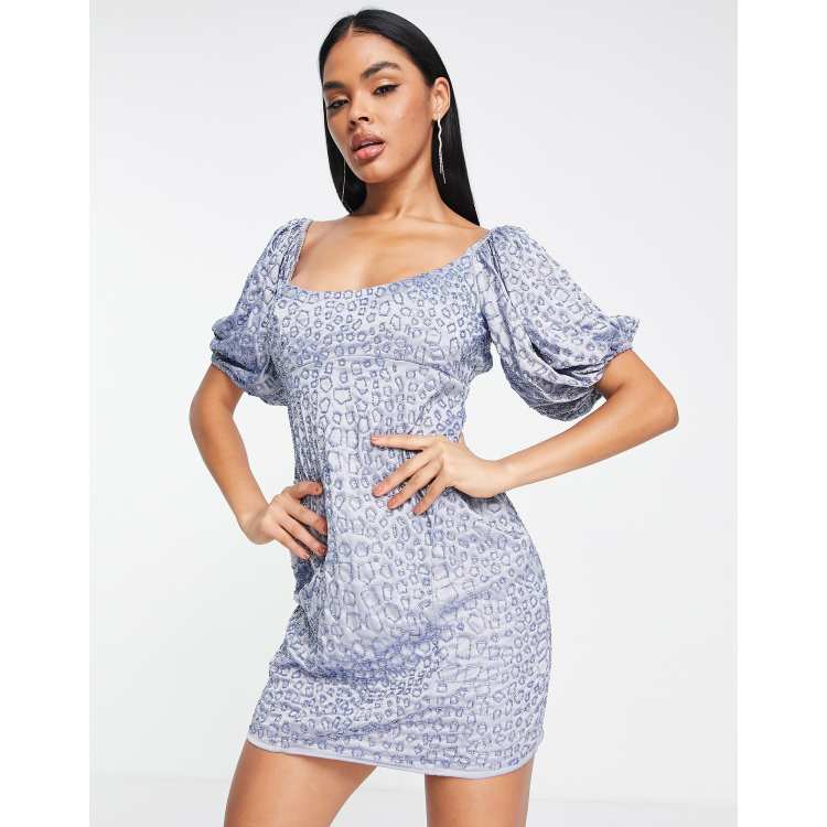 ASOS DESIGN embellished mini dress with puff sleeve detail in blue