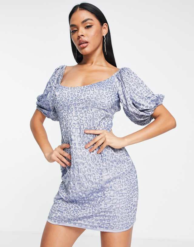 ASOS DESIGN embellished mini dress with puff sleeve detail in blue