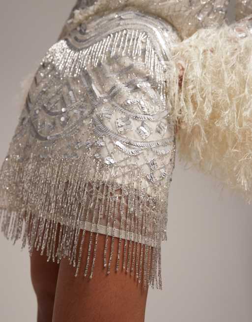 knee length dresses for ladies Embellished Long Sleeve Tulle Skirt Mini Dress in Ivory - 8 / Regular main image 1