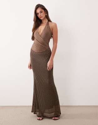 Asos Design Embellished Ombré Rhinestone Halter Neck Maxi Dress In Brown