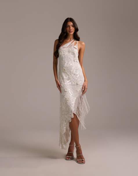 ASOS DESIGN embellished one shoulder cutwork midi dress with asymmetric fringe hem in white - view 1