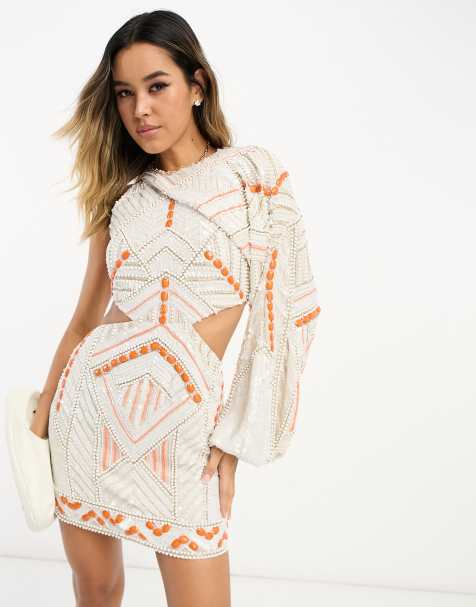 ASOS DESIGN embellished one sleeve overlay mini dress with cut out detail in white - view 1