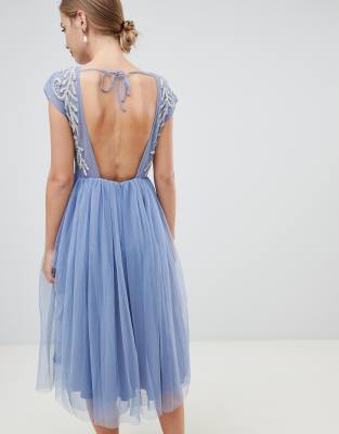 asos design embellished open back tulle midi dress
