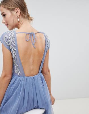 asos design embellished open back tulle midi dress