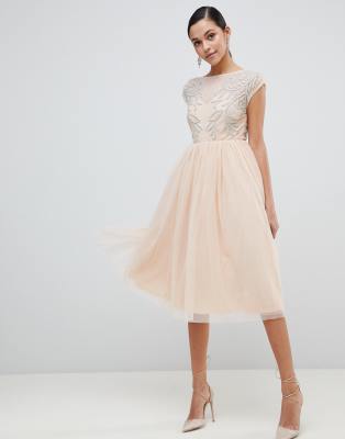 asos design embellished open back tulle midi dress