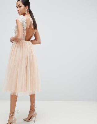 asos design embellished open back tulle midi dress