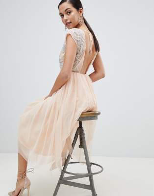 asos design embellished open back tulle midi dress