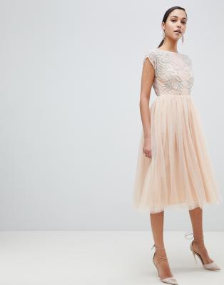 asos design embellished open back tulle midi dress