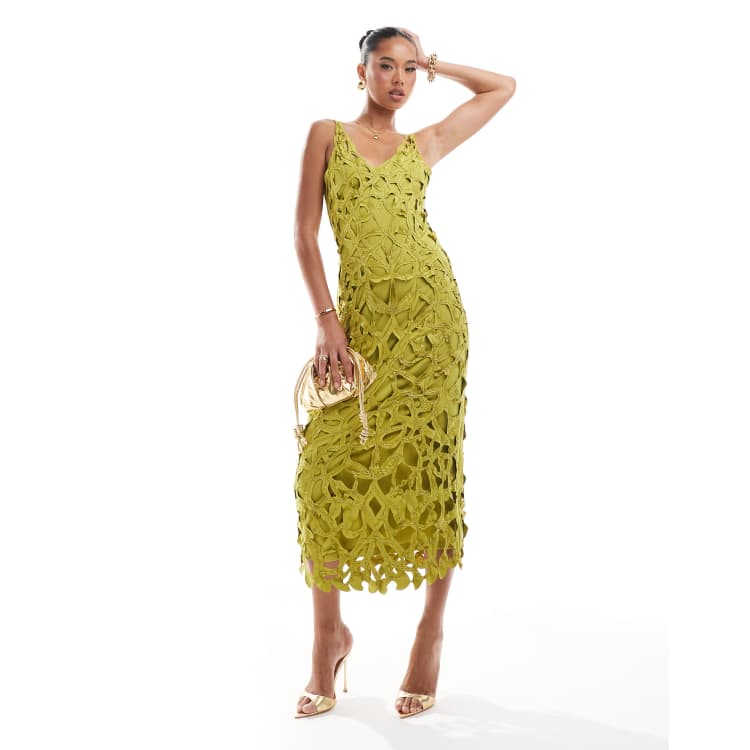 asos design ruffle bodice structured strappy midi dress in chartreuse ASOS DESIGN ruffle bodice structured strappy midi dress in chartreuse