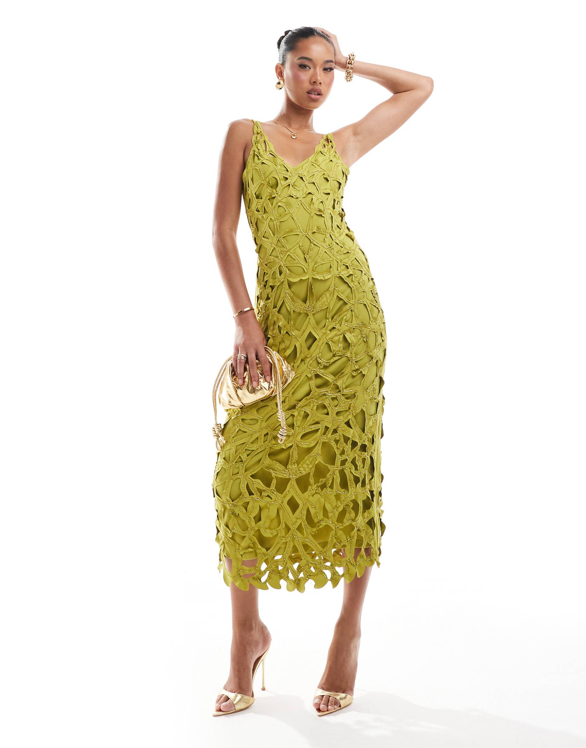 asos design embellished open cutwork midi dress in chartreuse