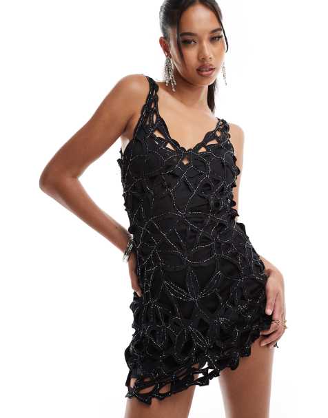 ASOS DESIGN embellished open cutwork mini dress in black - view 1