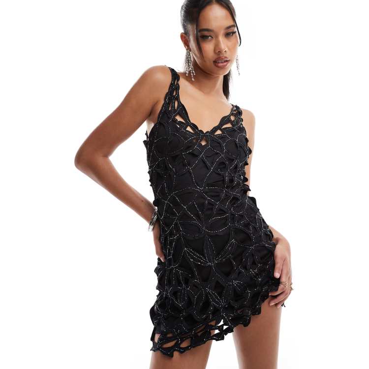 KARTA Black Embellished Cutwork Square Neck Mini Dress Size fashion Medium