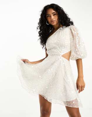 Asos Design Embellished Organza Asymmetric One Sleeve Mini Dress In White