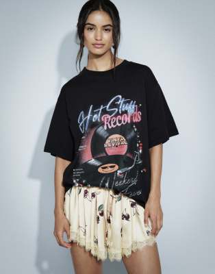 Asos Design Embellished Oversized T-shirt With Vintage Vinyl Graphic In Black