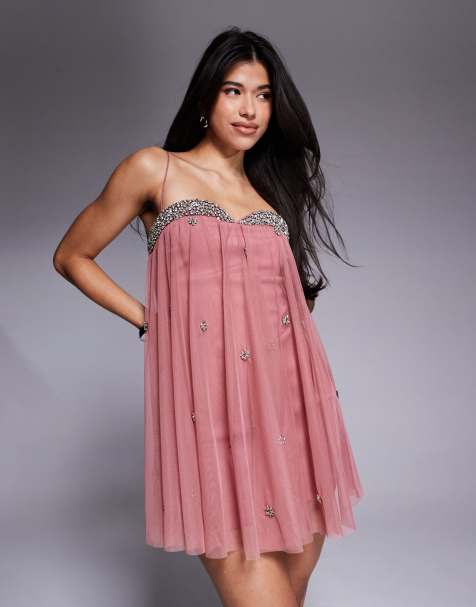 ASOS DESIGN embellished padded neckline babydoll mini dress with mesh overlay in blush pink - view 1