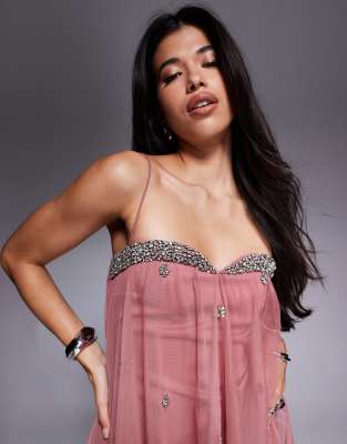 Asos Design Embellished Padded Neckline Babydoll Mini Dress With Mesh Overlay
