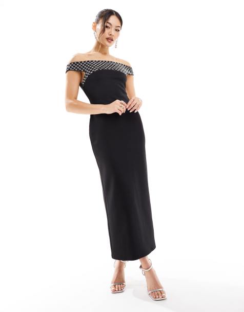 ASOS DESIGN embellished panel bardot midi dress in black - view 1