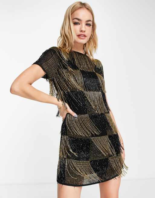 ASOS DESIGN embellished paneled shift dress with beaded fringe in black and  gold