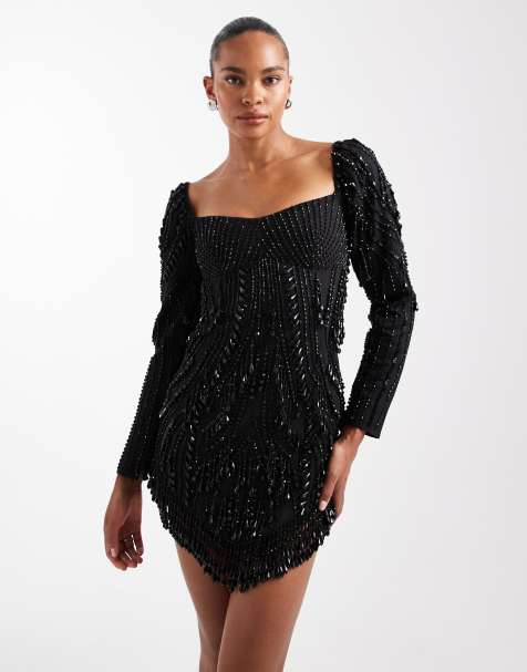 ASOS DESIGN embellished panelled mini dress with beaded fringe in black