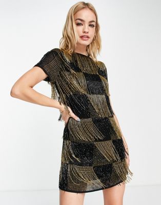 ASOS DESIGN embellished panelled shift dress with beaded fringe in black and gold