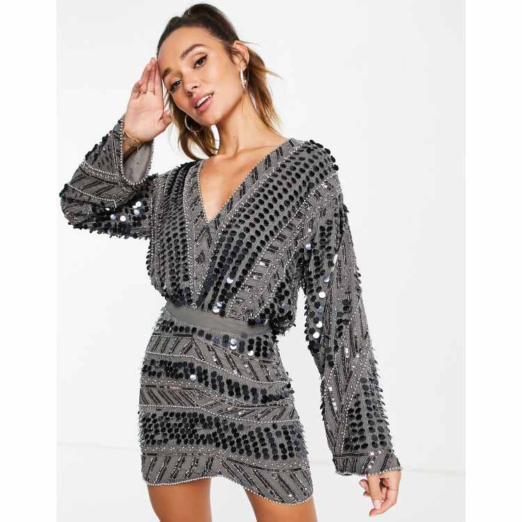 ASOS DESIGN embellished patchwork mini dress with waist detail in silver