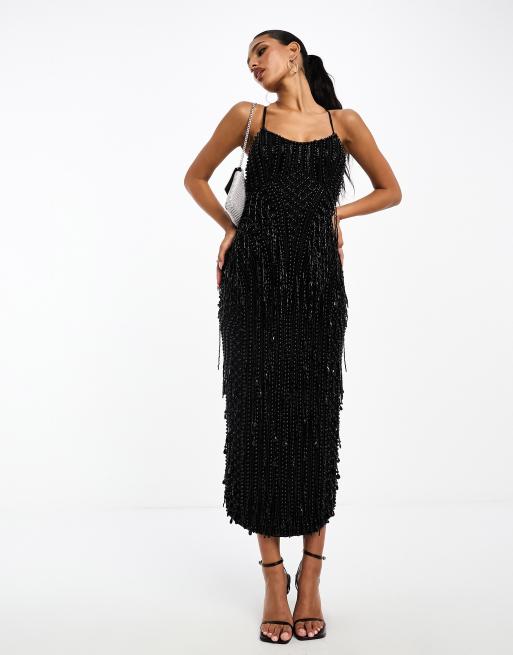 ASOS EDITION twist front sequin cami midi dress with full skirt in black