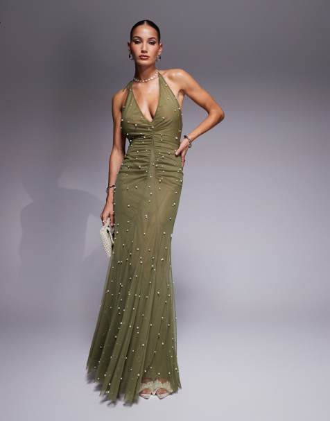 ASOS DESIGN embellished pearl mesh maxi dress in khaki - view 1