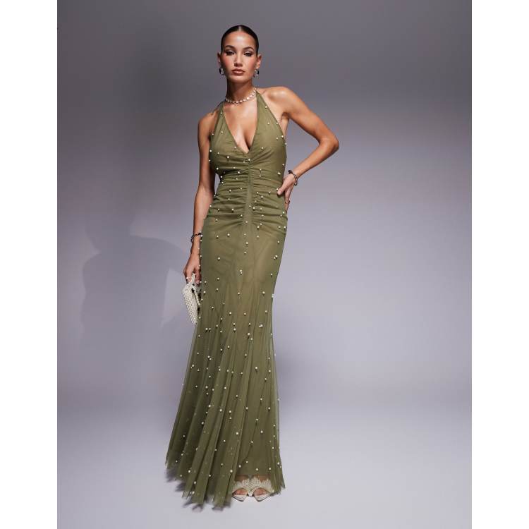 asos design pearl embellished maxi dress ASOS DESIGN pearl embellished maxi dress with thigh high splits