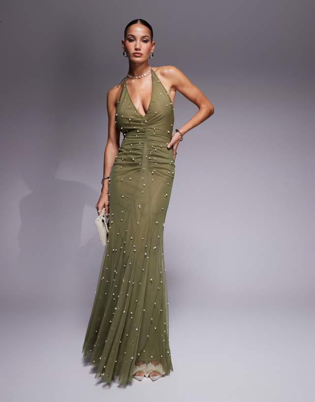 ASOS DESIGN embellished pearl mesh maxi dress in khaki