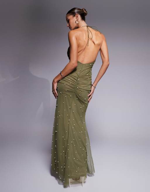 ASOS DESIGN embellished pearl mesh maxi dress in khaki | ASOS
