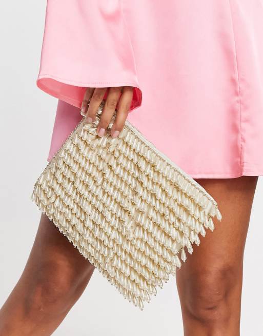 ASOS DESIGN embellished pearl zip top clutch bag in ivory