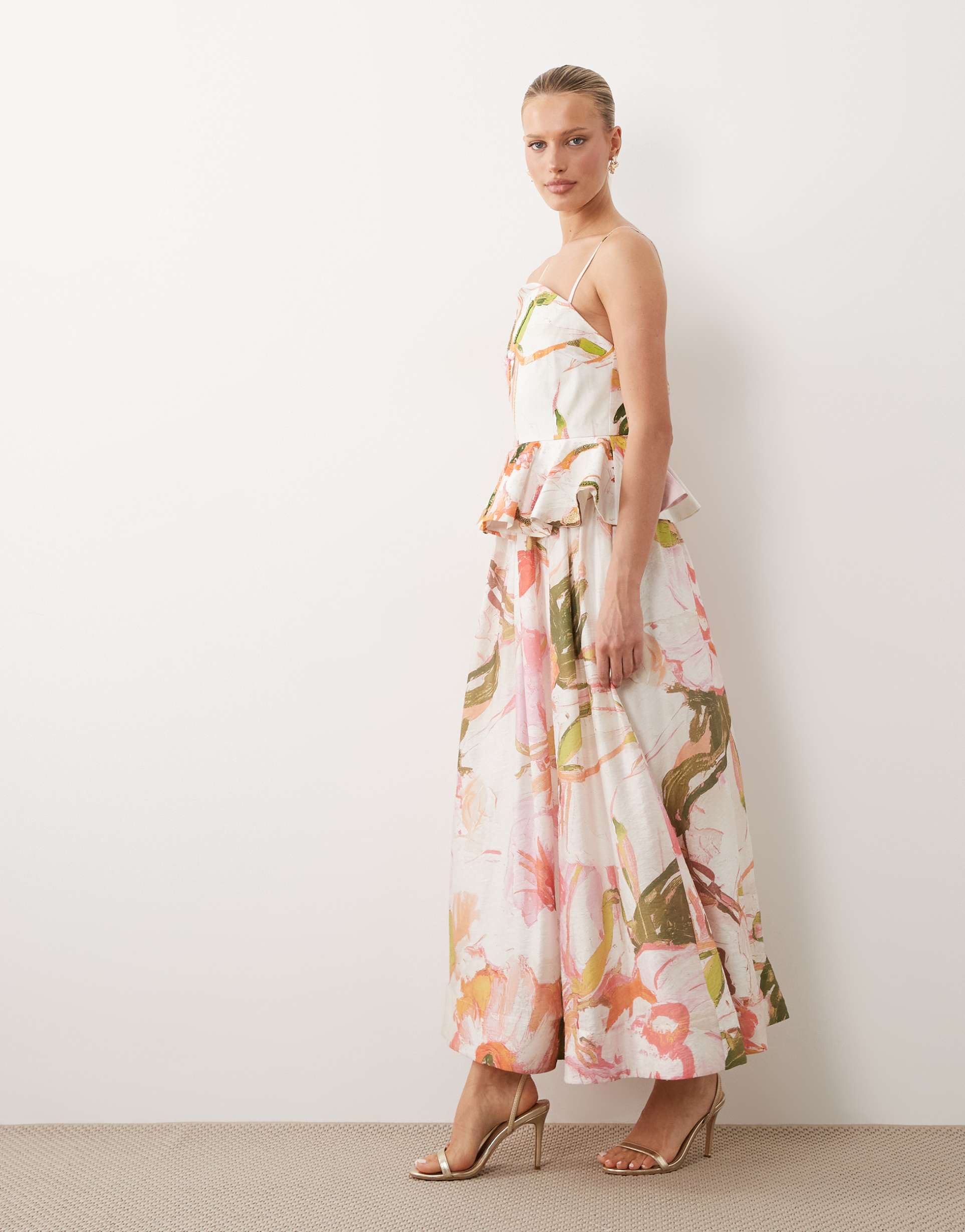 asos design embellished peplum midi dress in watercolor floral print