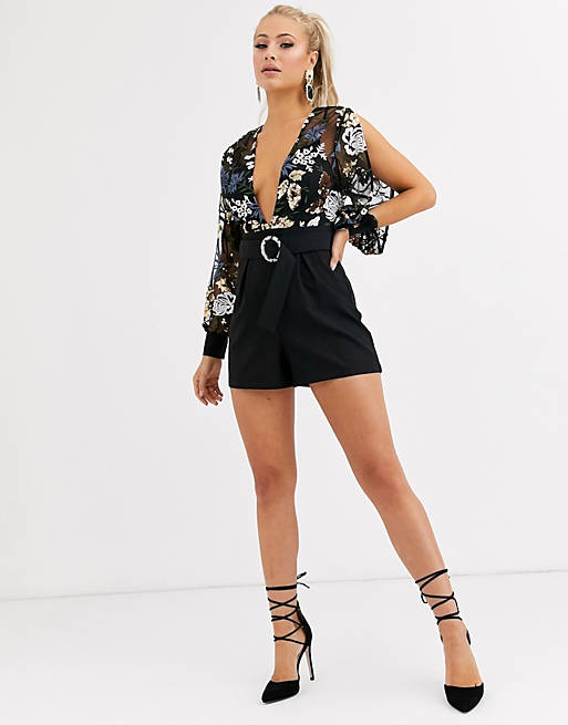 Retaliation Distraction Condition ASOS DESIGN embellished playsuit with split sleeve and belt | ASOS