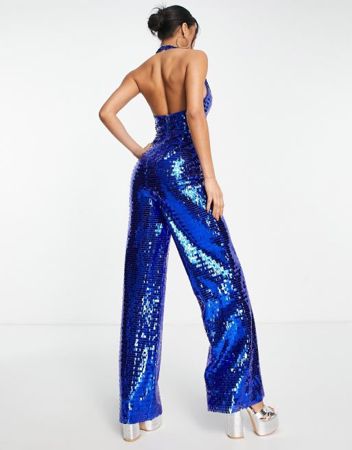 Embellished Plunge Halter Neck Evening Gown in Blue