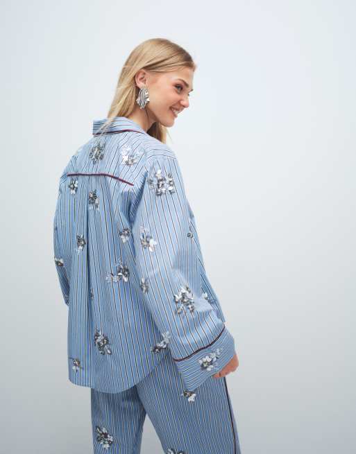 ASOS DESIGN embellished pyjama shirt in stripe (Part of a set), 3 of 7