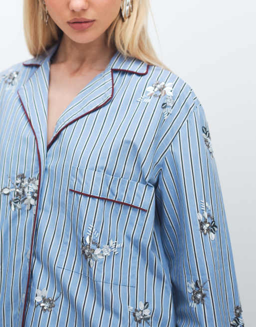 ASOS DESIGN embellished pyjama shirt in stripe (Part of a set), 4 of 7
